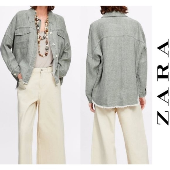 Make Offer Zara Green Linen Oversized Jacket - Picture 1 of 8